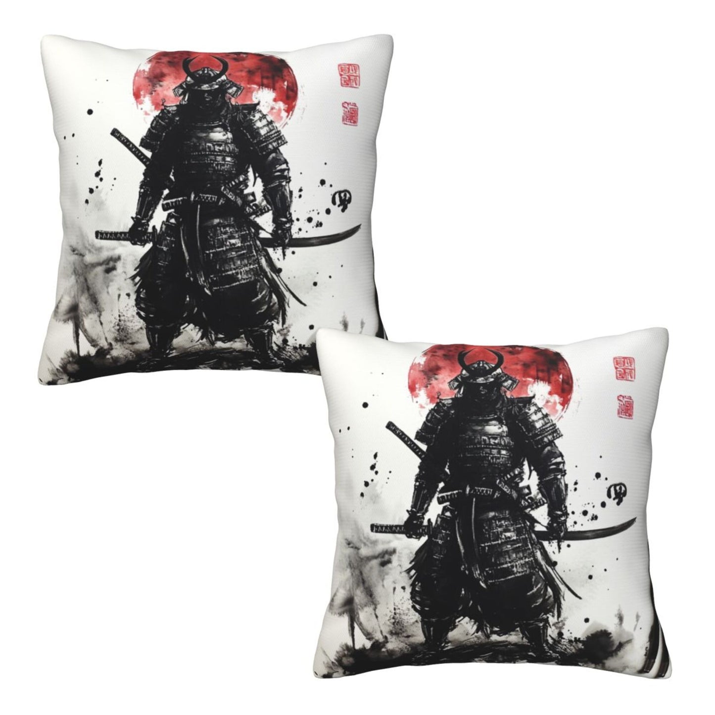 Set of 2 Samurai Ink Art Pillow Covers – 18x18 Inch Warrior Style Throw Pillowcases for Sofa, Bed or Studio (No Inserts)