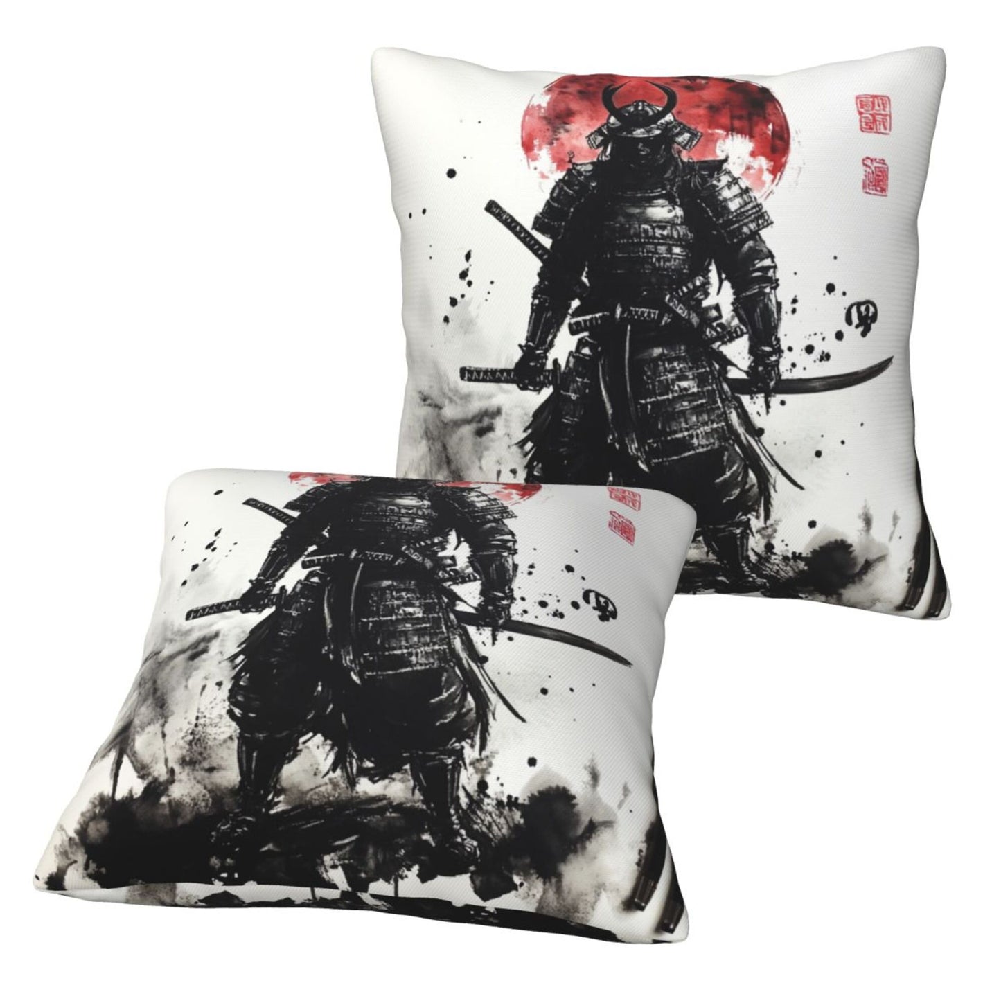 Set of 2 Samurai Ink Art Pillow Covers – 18x18 Inch Warrior Style Throw Pillowcases for Sofa, Bed or Studio (No Inserts)