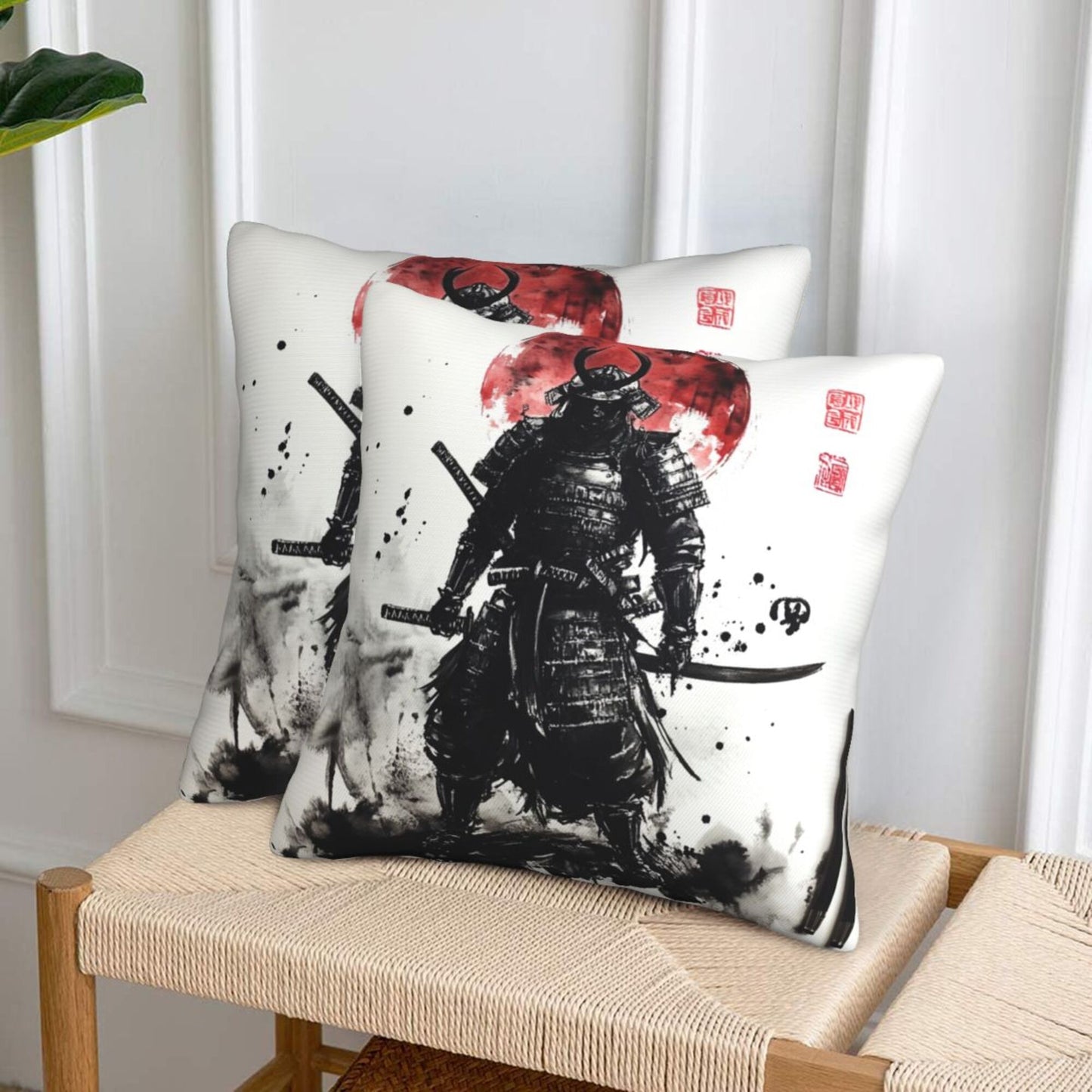 Set of 2 Samurai Ink Art Pillow Covers – 18x18 Inch Warrior Style Throw Pillowcases for Sofa, Bed or Studio (No Inserts)