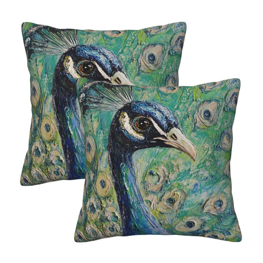 Set of 2 Peacock Oil Painting Style Pillow Covers – 18x18 Inches Elegant Artistic Throw Pillowcases for Sofa or Bed (No Inserts)
