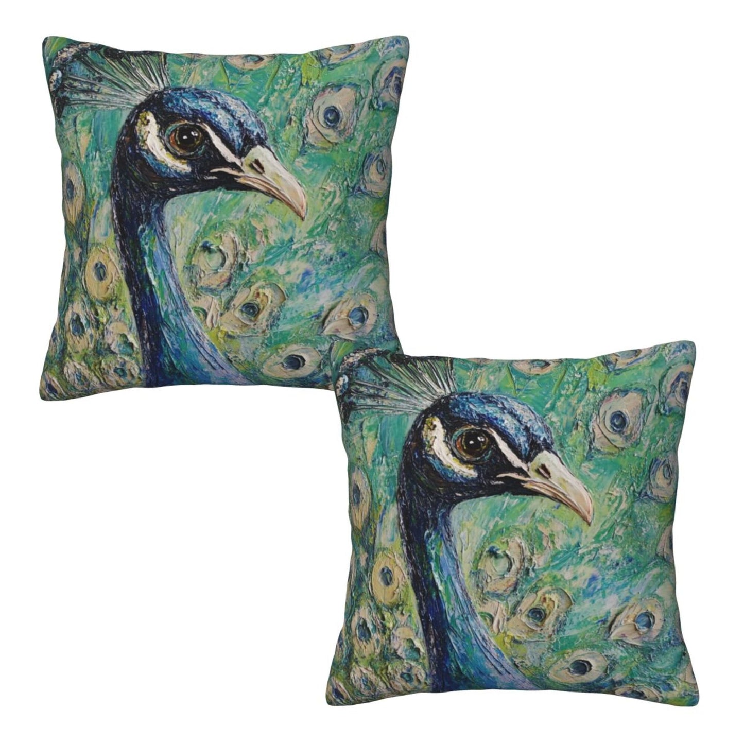 Set of 2 Peacock Oil Painting Style Pillow Covers – 18x18 Inches Elegant Artistic Throw Pillowcases for Sofa or Bed (No Inserts)