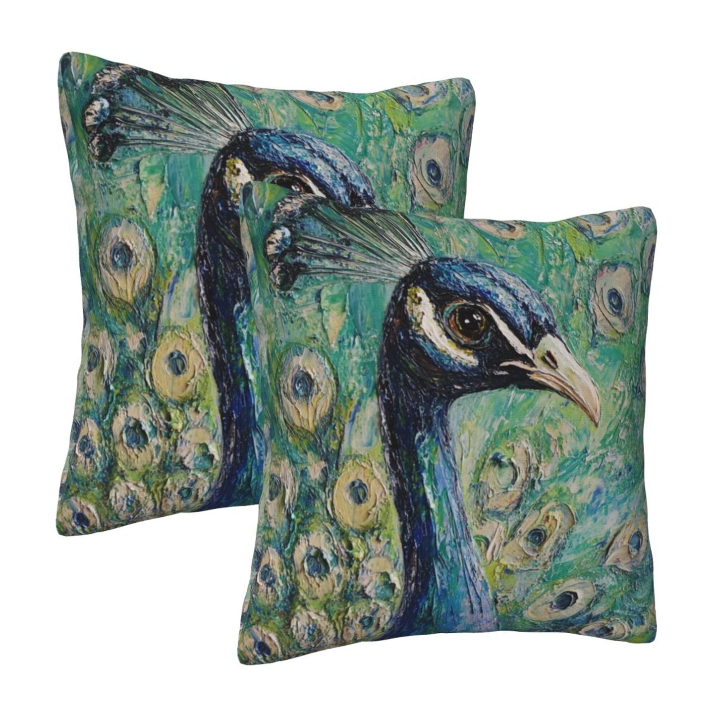 Set of 2 Peacock Oil Painting Style Pillow Covers – 18x18 Inches Elegant Artistic Throw Pillowcases for Sofa or Bed (No Inserts)