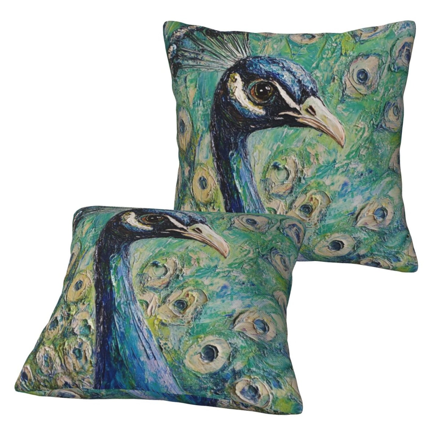 Set of 2 Peacock Oil Painting Style Pillow Covers – 18x18 Inches Elegant Artistic Throw Pillowcases for Sofa or Bed (No Inserts)