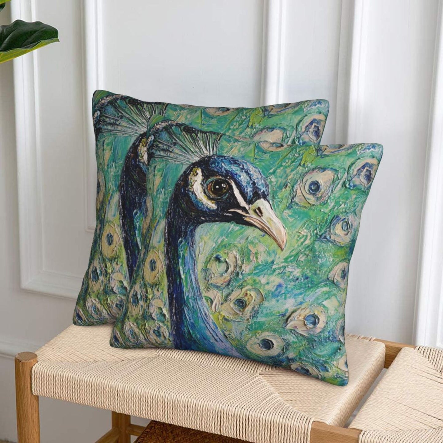 Set of 2 Peacock Oil Painting Style Pillow Covers – 18x18 Inches Elegant Artistic Throw Pillowcases for Sofa or Bed (No Inserts)
