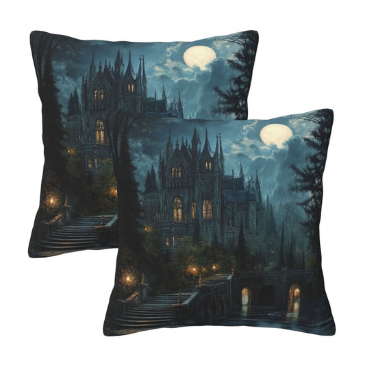 Set of 2 Gothic Castle Moonlight Pillow Covers – 18x18 Inches Dark Fantasy Decorative Cushion Cases (No Inserts)