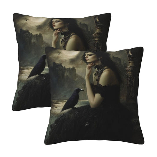 Set of 2 Gothic Witch Pillow Covers – 18x18 Inch Dark Fantasy Lady with Raven Decorative Throw Pillowcases (No Inserts)